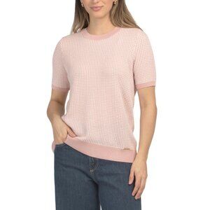 ANNE KLEIN Pink/white Short Sleeve Crew Neck Sweater